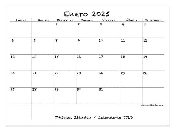 Calendario enero 2025, 77LD. Diario para imprimir gratis.