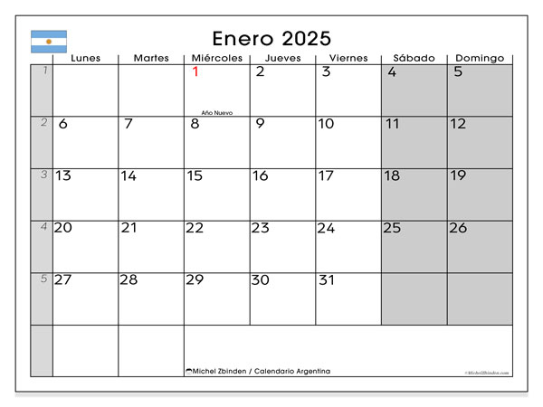 Kalender Januar 2025 “Argentinien”. Programm zum Ausdrucken kostenlos.. Montag bis Sonntag