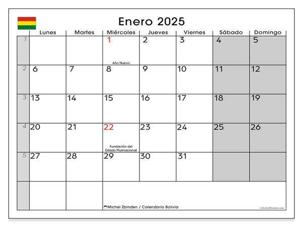 Kalendarz do druku, styczen 2025, Boliwia (LD)