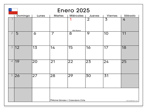 Kalender Januar 2025 “Chile”. Plan zum Ausdrucken kostenlos.. Sonntag bis Samstag