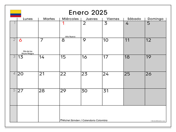 Kalender Januar 2025 “Kolumbien”. Kalender zum Ausdrucken kostenlos.. Montag bis Sonntag
