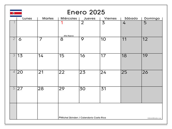 Kalender til udskrivning, januar 2025, Costa Rica (LD)