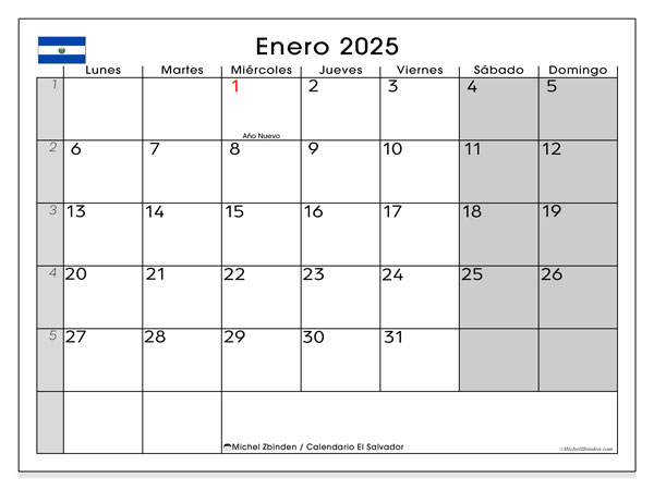 Calendario enero 2025 “El Salvador”. Programa para imprimir gratis.. De lunes a domingo