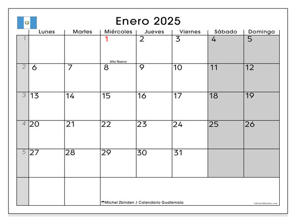 Kalenteri tammikuu 2025 “Guatemala”. Ilmainen tulostettava lehti.. Maanantaista sunnuntaihin