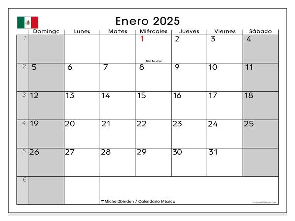 Kalender for utskrift, januar 2025, Mexico (DS)