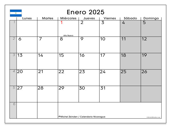 Kalender zum Ausdrucken, Januar 2025, Nicaragua (LD)