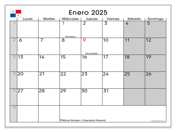Calendario para imprimir, enero 2025, Panamá (LD)