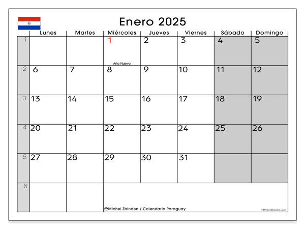 Kalender januari 2025 “Paraguay”. Gratis kalender som kan skrivas ut.. Måndag till söndag
