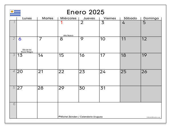 Kalender Januar 2025 “Uruguay”. Kalender zum Ausdrucken kostenlos.. Montag bis Sonntag