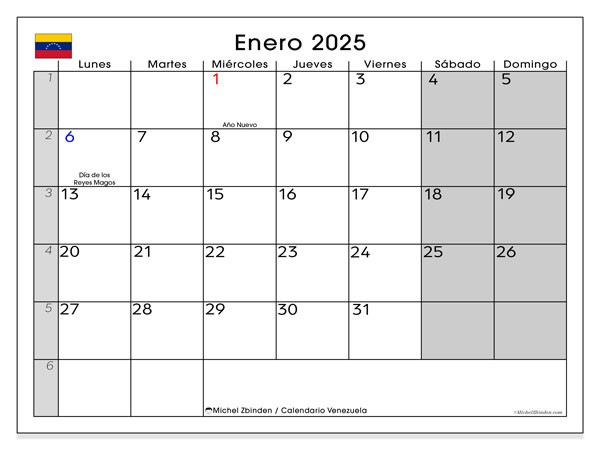 Kalenteri tammikuu 2025 “Venezuela”. Ilmainen tulostettava lehti.. Maanantaista sunnuntaihin