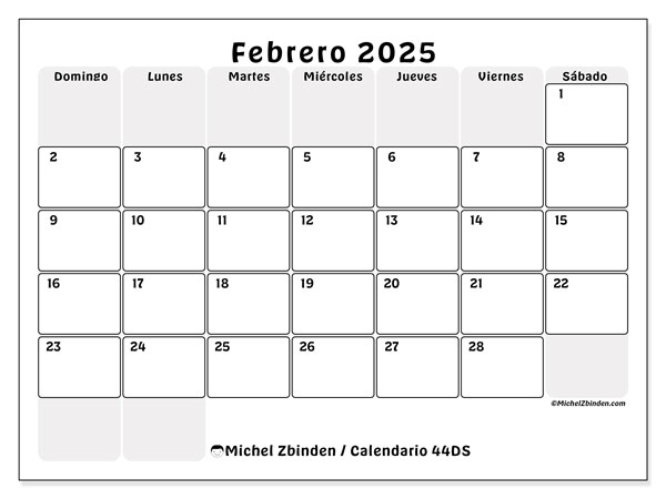 Calendario febrero 2025, 44DS. Calendario para imprimir gratis.