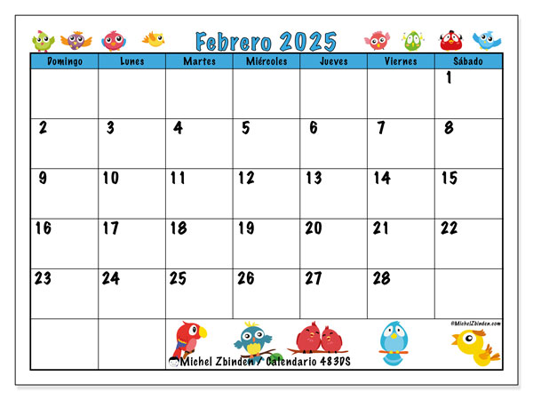 Calendario febrero 2025, 483DS. Calendario para imprimir gratis.