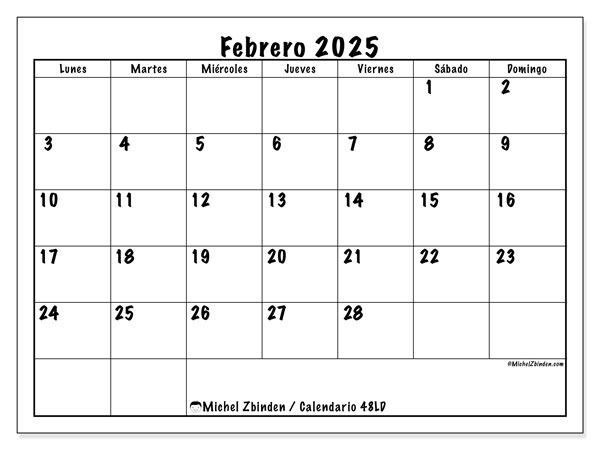 Calendario febrero 2025, 48LD. Calendario para imprimir gratis.