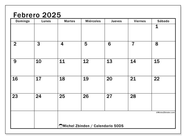 Calendario febrero 2025 “50”. Diario para imprimir gratis.. De domingo a sábado