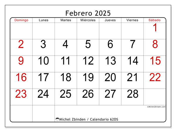 Calendario febrero 2025, 62DS. Calendario para imprimir gratis.