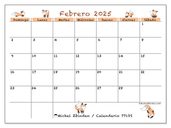 Calendario febrero 2025, 771DS. Calendario para imprimir gratis.