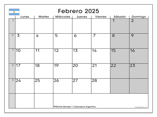 Tulostettava kalenteri, helmikuu 2025, Argentiina (LD)