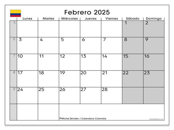 Kalender februar 2025 “Colombia”. Gratis journal for utskrift.. Mandag til søndag