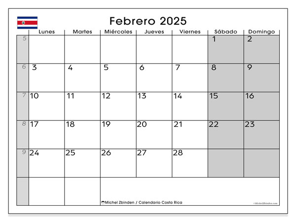 Kalender att skriva ut, februari 2025, Costa Rica (LD)