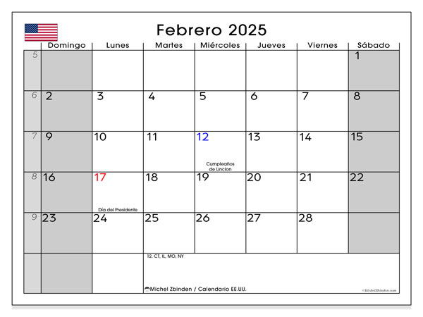 Kalender februar 2025 “USA (ES)”. Gratis program for utskrift.. Søndag til lørdag
