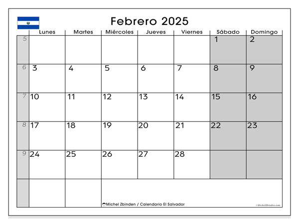 Kalender februari 2025 “El Salvador”. Schema för gratis utskrift.. Måndag till söndag