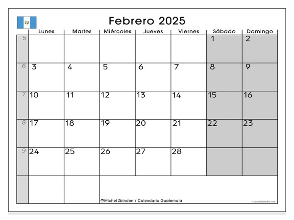 Calendario febbraio 2025 “Guatemala”. Piano da stampare gratuito.. Da lunedì a domenica