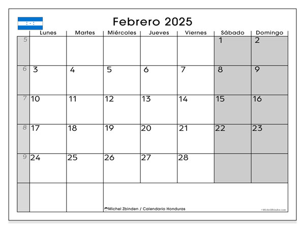 Kalender Februar 2025 “Honduras”. Kalender zum Ausdrucken kostenlos.. Montag bis Sonntag