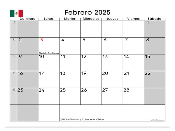 Kalender Februar 2025 “Mexiko”. Programm zum Ausdrucken kostenlos.. Sonntag bis Samstag