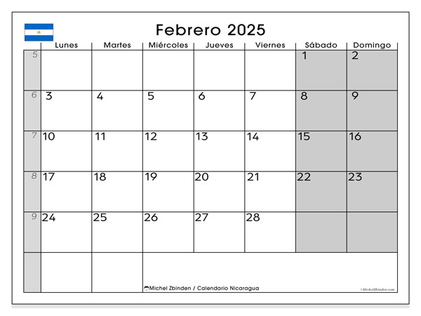 Kalender Februar 2025 “Nicaragua”. Programm zum Ausdrucken kostenlos.. Montag bis Sonntag