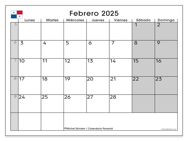 Calendario para imprimir, febrero 2025, Panamá (LD)