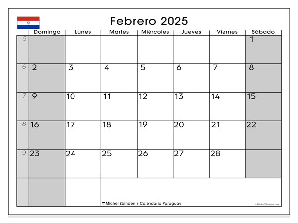 Calendario febbraio 2025 “Paraguay”. Orario da stampare gratuito.. Da domenica a sabato