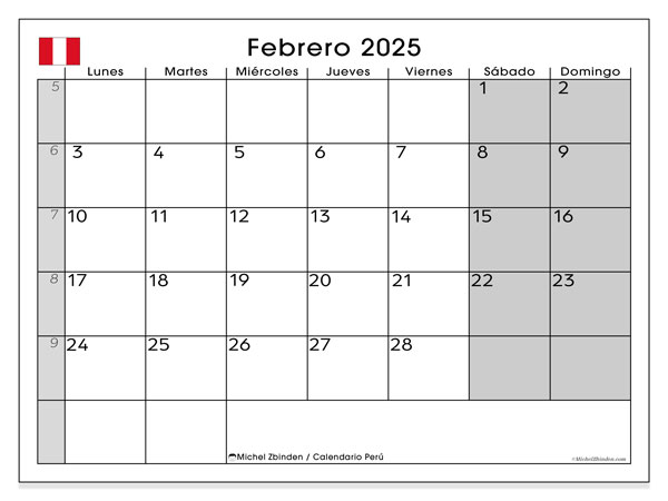 Kalender Februar 2025 “Peru”. Plan zum Ausdrucken kostenlos.. Montag bis Sonntag