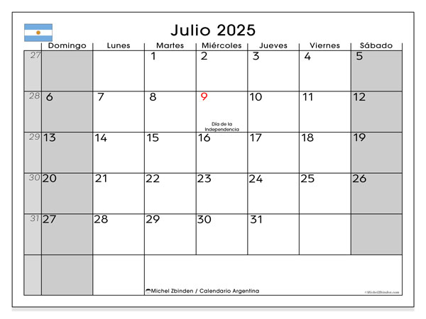 Calendrier à imprimer, iulie 2025, Argentina (DS)
