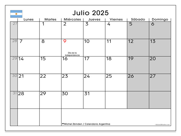Calendrier à imprimer, iulie 2025, Argentina (LD)