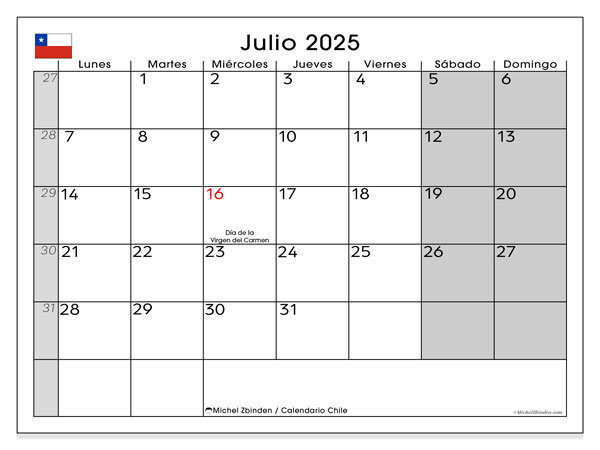 Kalender om af te drukken, juli 2025, Chili (LD)