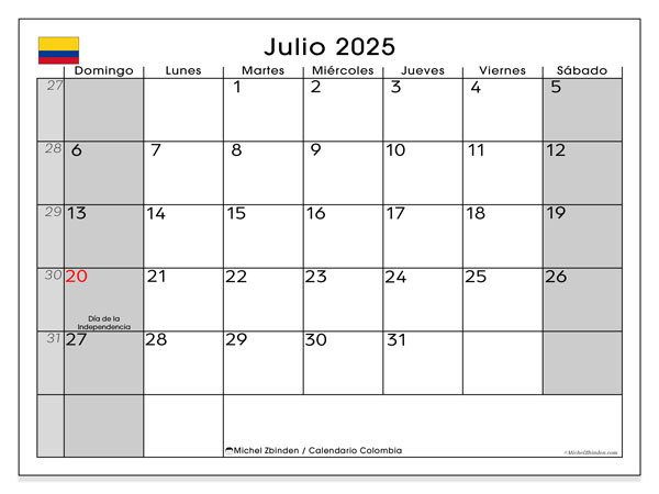Kalender til udskrivning, juli 2025, Colombia (DS)