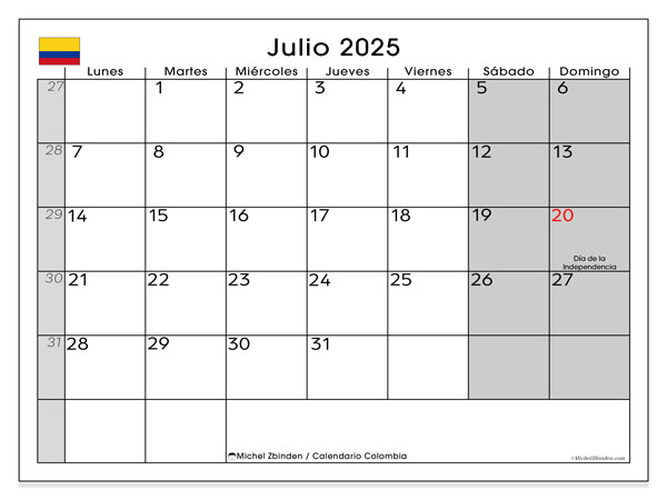 Tulostettava kalenteri, heinäkuu 2025, Kolumbia (LD)