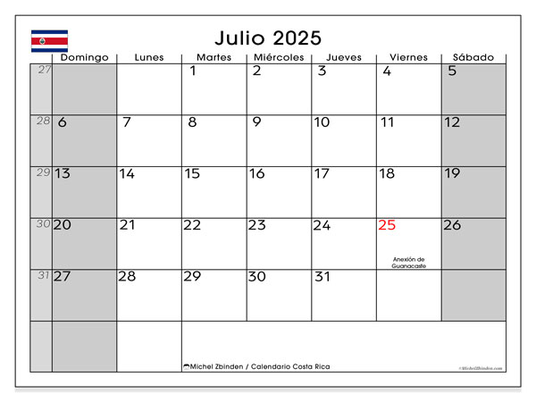 Kalender til udskrivning, juli 2025, Costa Rica (DS)