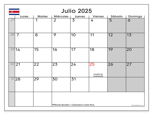 Kalendarz do druku, lipiec 2025, Kostaryka (LD)