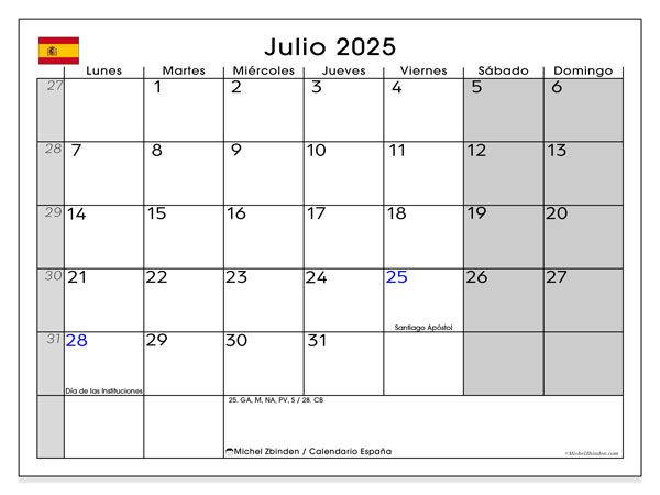 Calendario para imprimir, julio 2025, España