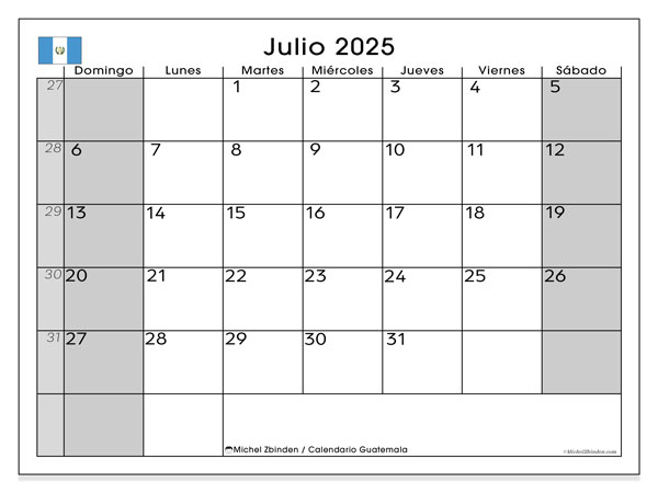 Tulostettava kalenteri, heinäkuu 2025, Guatemala (DS)