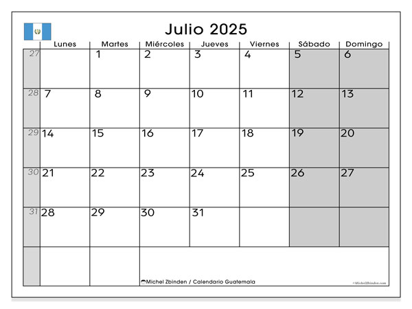 Kalender att skriva ut, juli 2025, Guatemala (LD)