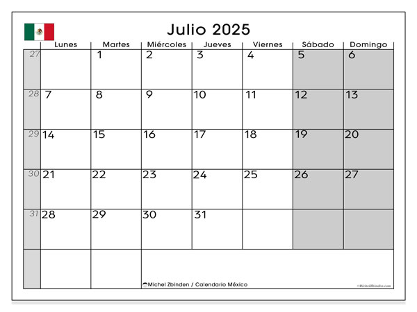 Kalendarz do druku, lipiec 2025, Meksyk (LD)
