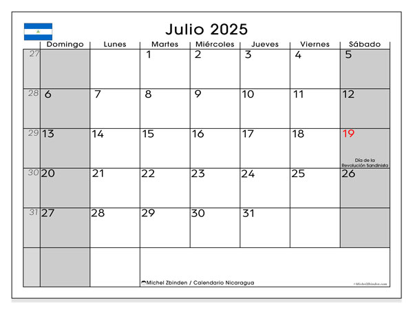Kalender til udskrivning, juli 2025, Nicaragua (DS)