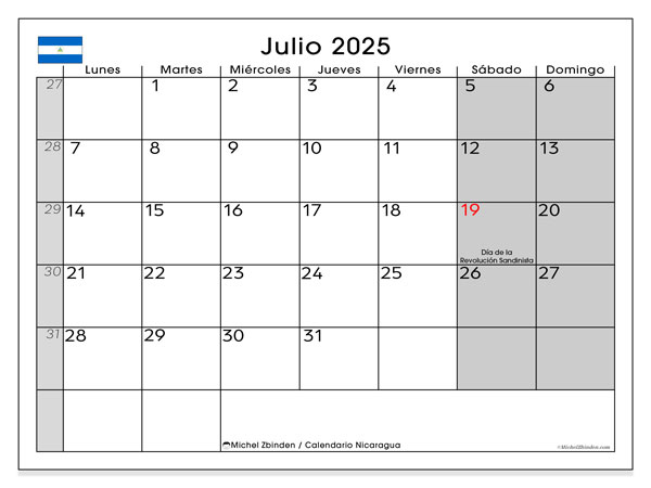 Kalendarz do druku, lipiec 2025, Nikaragua (LD)