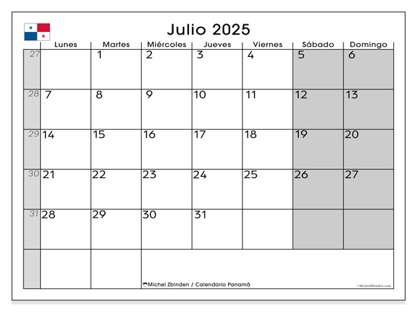 Calendario para imprimir, julio 2025, Panamá (LD)