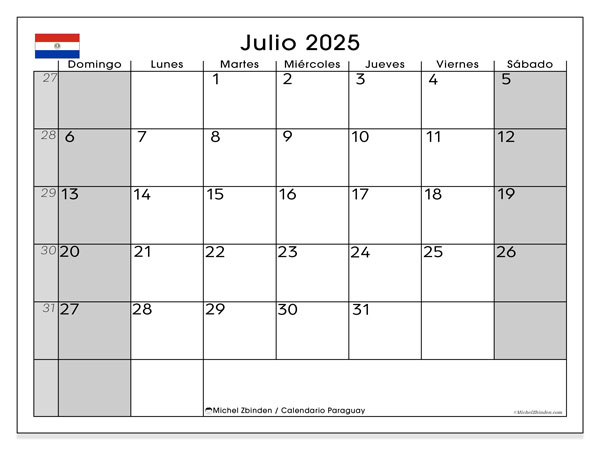 Kalender til udskrivning, juli 2025, Paraguay (DS)