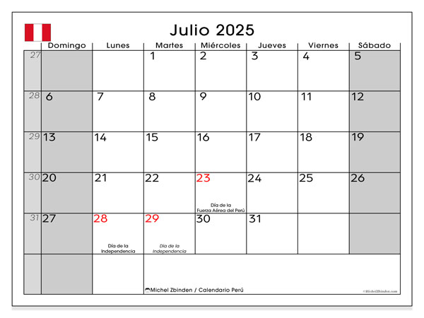 Kalender til udskrivning, juli 2025, Peru (DS)