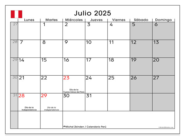 Kalendarz do druku, lipiec 2025, Peru (LD)