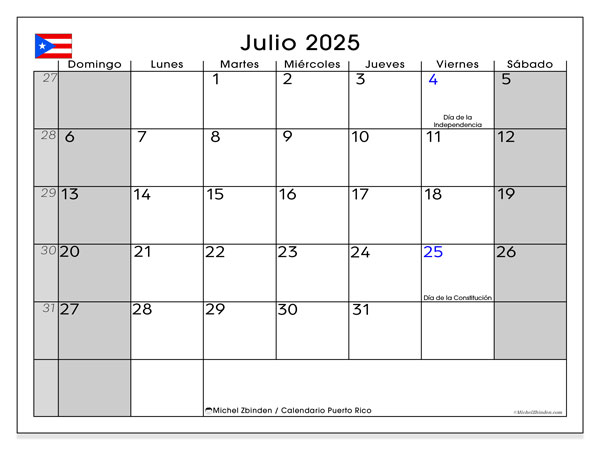 Tulostettava kalenteri, heinäkuu 2025, Puerto Rico